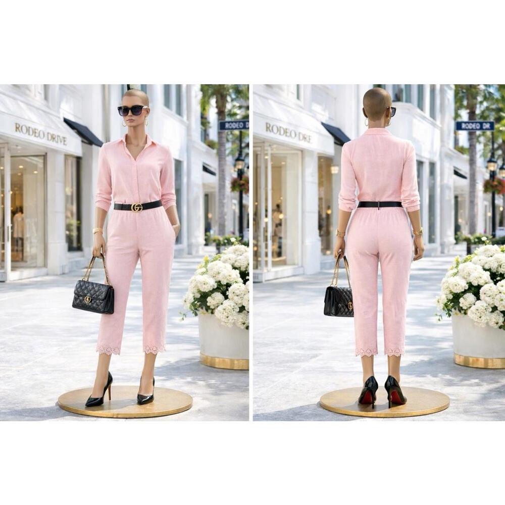 Chico’s Design Women’s XL Pink Linen Blend Capri Pants Elastic Waist Pull On Emb